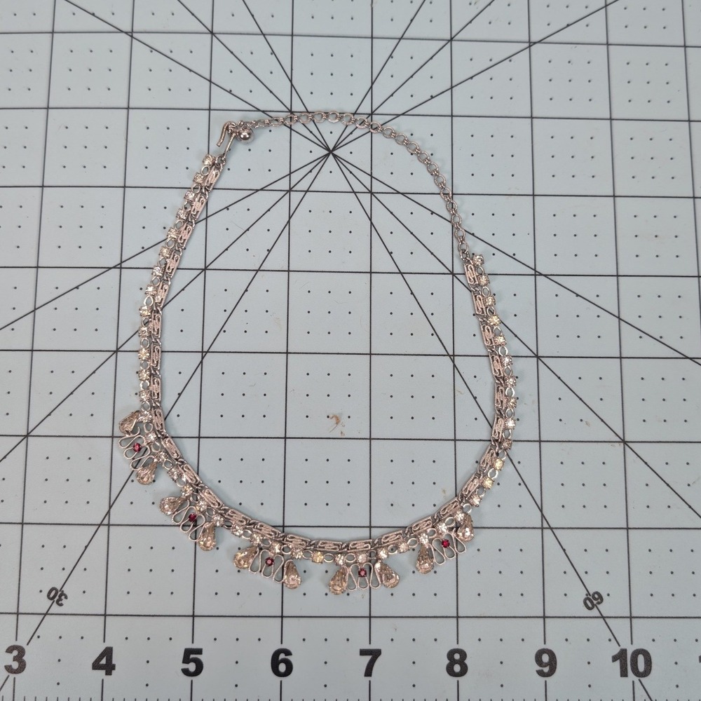Vintage Silver Tone Filigree Rhinestone Choker Necklace Red Clear Stones 16in